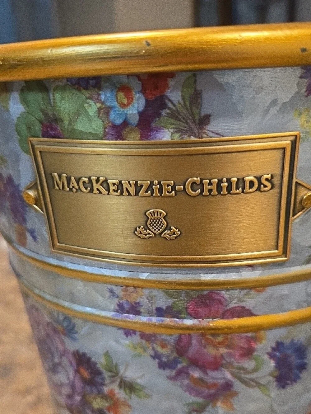 MacKenzie-Childs Floral Metal Umbrella Vase with Gold Trim